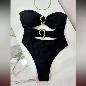 NWT - Swimsuit Body Cutout Bandeau Gold Accents Adjustable Straps - Luxury Style